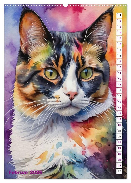 Produktbild: KATZENKALENDER - Aquarell Katzenportraits f&uuml;r Katzenliebhaber (hochwertiger Premium Wandkalender 2026 DIN A2 hoch), Kunstdruck in Hochglanz
