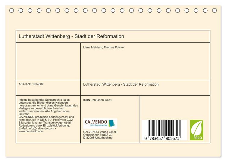 Produktbild: Lutherstadt Wittenberg - Stadt der Reformation (Tischkalender 2026 DIN A5 quer), CALVENDO Monatskalender