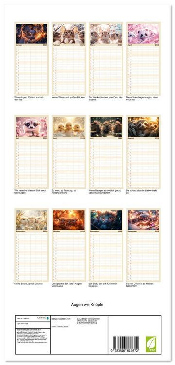 Produktbild: Familienplaner 2026 - Augen wie Kn&ouml;pfe mit 5 Spalten (Wandkalender, 21 x 45 cm) CALVENDO