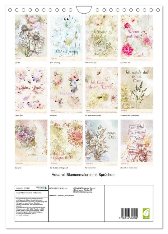 Produktbild: Aquarell Blumenmalerei mit Spr&uuml;chen (Wandkalender 2026 DIN A4 hoch), CALVENDO Monatskalender