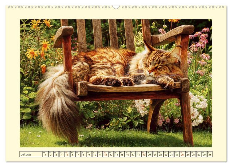 Produktbild: Main-Coon-Katzen. Die imposanten Waldkatzen im Garten (hochwertiger Premium Wandkalender 2026 DIN A2 quer), Kunstdruck in Hochglanz