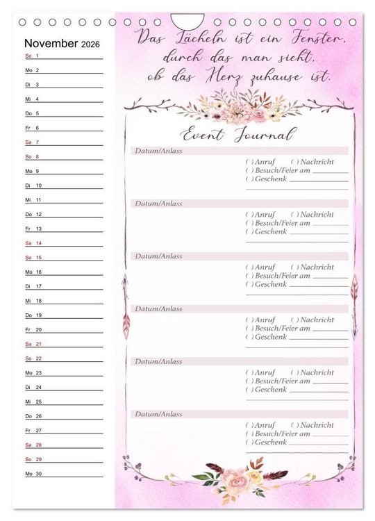 Produktbild: Geburtstagsplaner Boho Rosa - F&uuml;r Termine, Geschenke, Eventdetails & mehr (Wandkalender 2026 DIN A4 hoch), CALVENDO Monatskalender