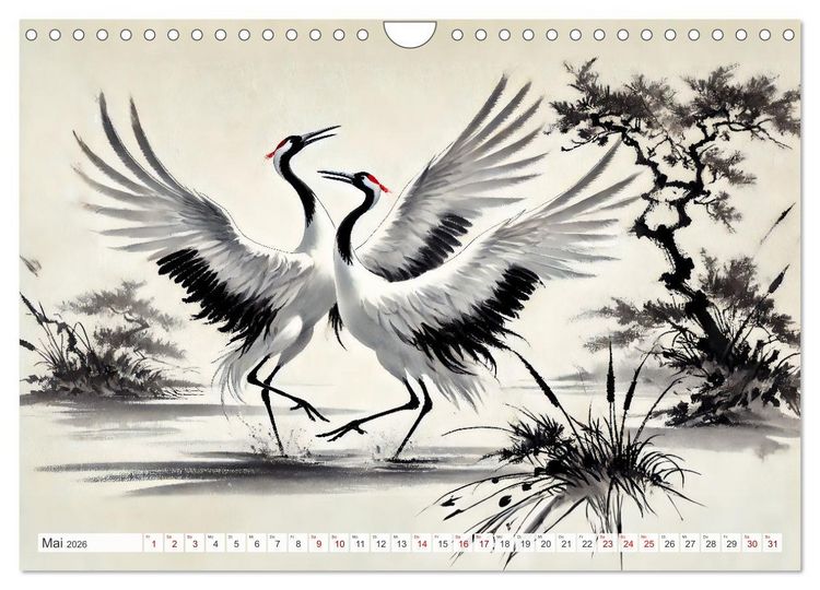 Produktbild: Eleganz der Kraniche - Majest&auml;tische V&ouml;gel in poetischer Tusche (Wandkalender 2026 DIN A4 quer), CALVENDO Monatskalender