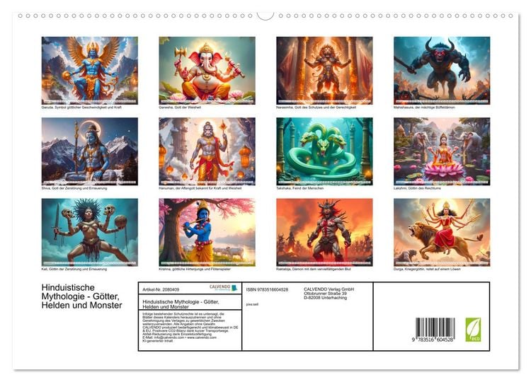 Produktbild: Hinduistische Mythologie - G&ouml;tter, Helden und Monster (hochwertiger Premium Wandkalender 2026 DIN A2 quer), Kunstdruck in Hochglanz