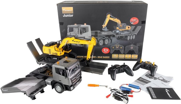 Produktbild: AMEWI 2-in-1 Tieflader/Bagger-Set G836E/G041E 1:24 RTR