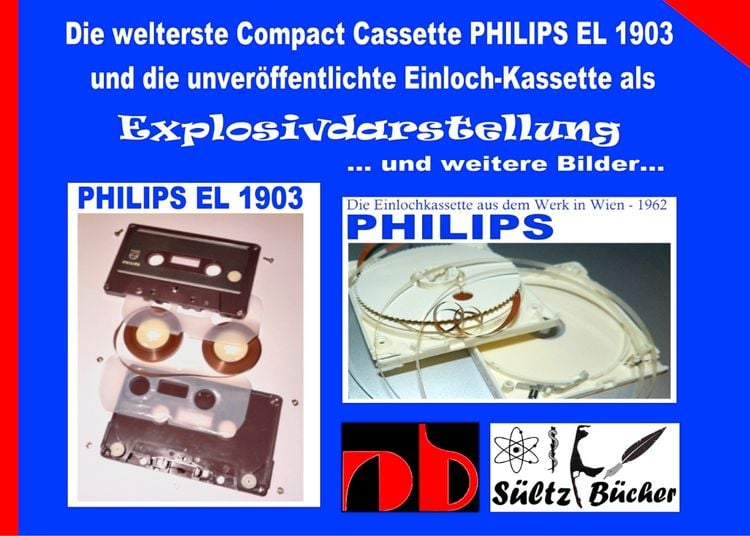 Produktbild: Die welterste Compact Cassette PHILIPS EL 1903 und die unver&ouml;ffentlichte Einloch-Kassette als Explosivdarstellung