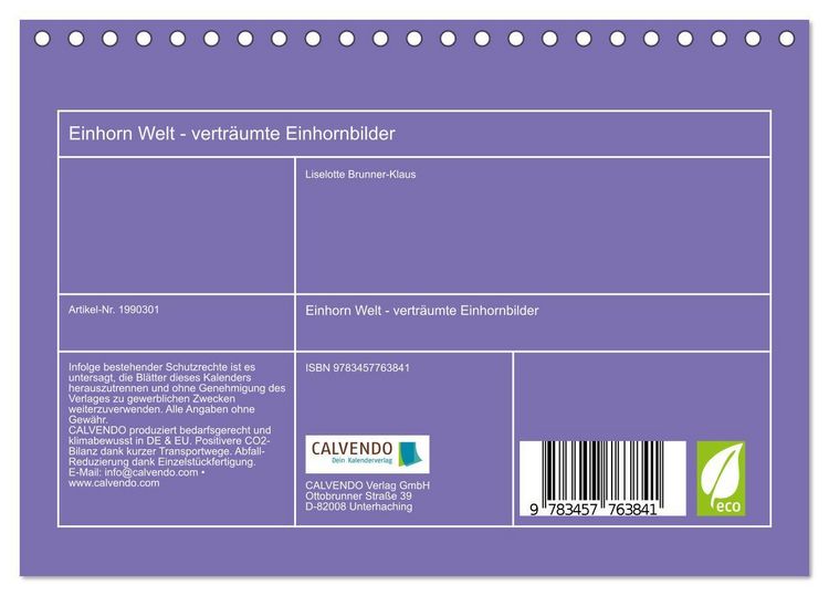 Produktbild: Einhorn Welt - vertr&auml;umte Einhornbilder (Tischkalender 2026 DIN A5 quer), CALVENDO Monatskalender