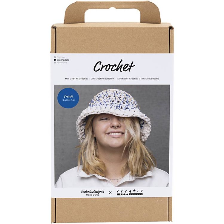 Produktbild: Creativ Company DIY Sets Stricken & H&auml;keln Kreativ Set H&auml;keln, Blau, Hellnatur, Gelb, Dicker Fischerhut, Kreativ Box