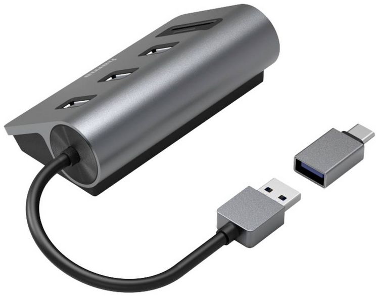 Produktbild: Hama 00200140 USB-Hub 5 Port USB-A, microSD, SD USB 3.2 Gen1 5 GBit/s mit eingebautem SD-Kartenleser, mit USB-C&reg; Stecker Grau
