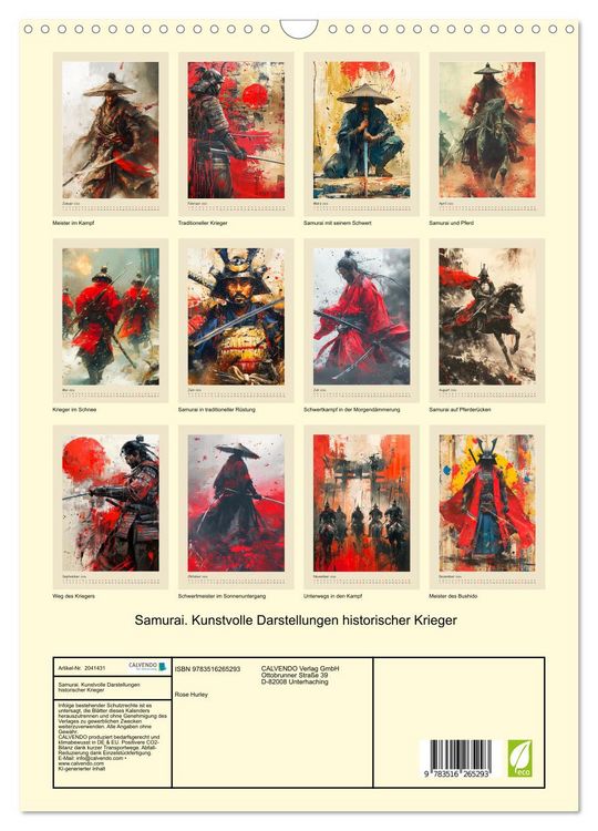 Produktbild: Samurai. Kunstvolle Darstellungen historischer Krieger (Wandkalender 2026 DIN A3 hoch), CALVENDO Monatskalender