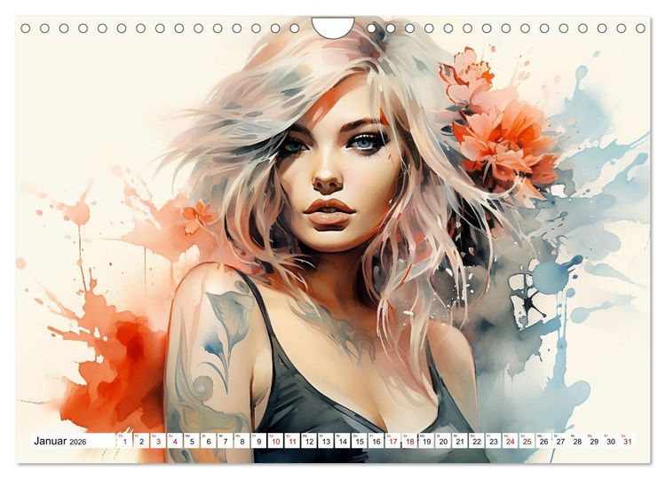 Produktbild: Tattoo trifft Kunst - Starke Tattoos treffen auf sanftes Aquarell (Wandkalender 2026 DIN A4 quer), CALVENDO Monatskalender
