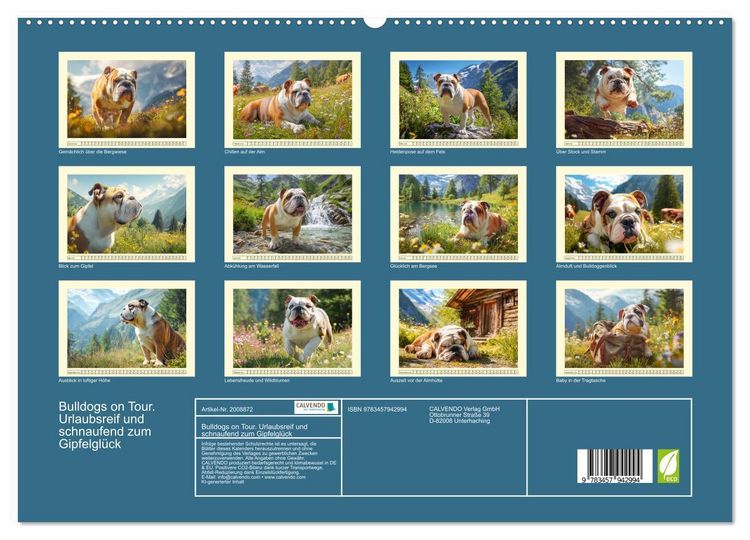 Produktbild: Bulldogs on Tour. Urlaubsreif und schnaufend zum Gipfelgl&uuml;ck (hochwertiger Premium Wandkalender 2026 DIN A2 quer), Kunstdruck in Hochglanz