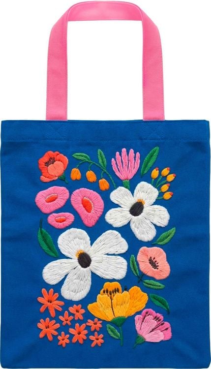 Produktbild: Bunte Blumengr&uuml;&szlig;e Bestickter Stoffbeutel royalblau