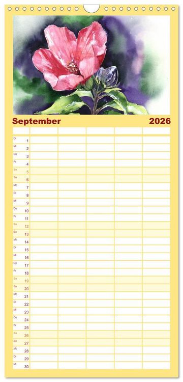 Produktbild: Familienplaner 2026 - Blumenaquarelle aus der N&auml;he mit 5 Spalten (Wandkalender, 21 x 45 cm) CALVENDO