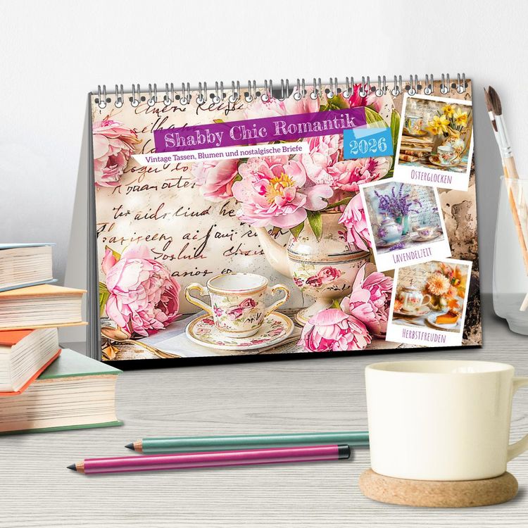 Produktbild: Shabby Chic Romantik - Vintage Tassen, Blumen und nostalgische Briefe (Tischkalender 2026 DIN A5 quer), CALVENDO Monatskalender