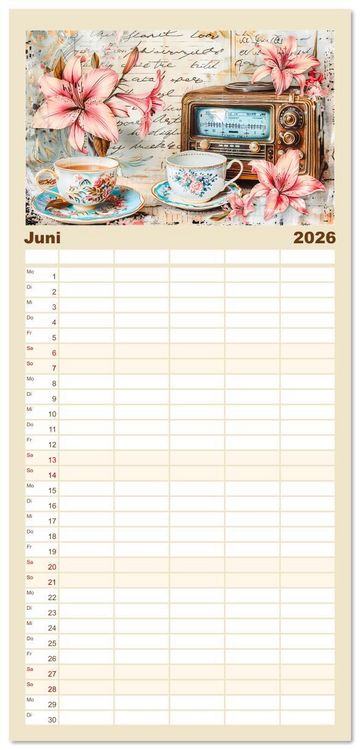 Produktbild: Familienplaner 2026 - Shabby Chic Romantik - Vintage Tassen, Blumen und nostalgische Briefe mit 5 Spalten (Wandkalender, 21 x 45 cm) CALVENDO