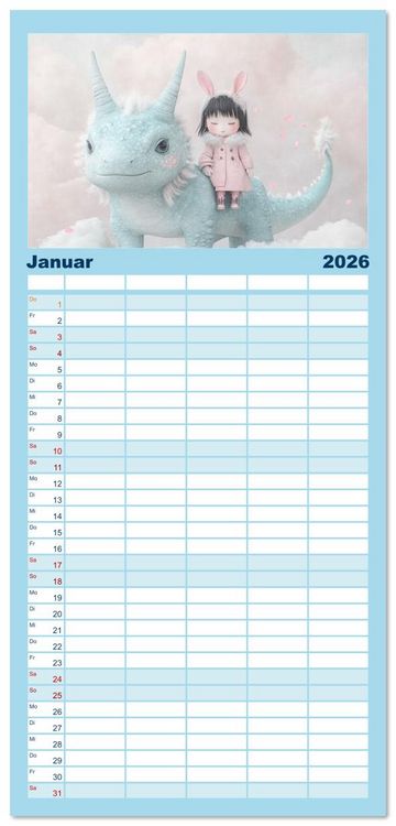 Produktbild: Familienplaner 2026 - Dinozauber &ndash; Wenn Urzeitbewohner zu Freunden werden mit 5 Spalten (Wandkalender, 21 x 45 cm) CALVENDO