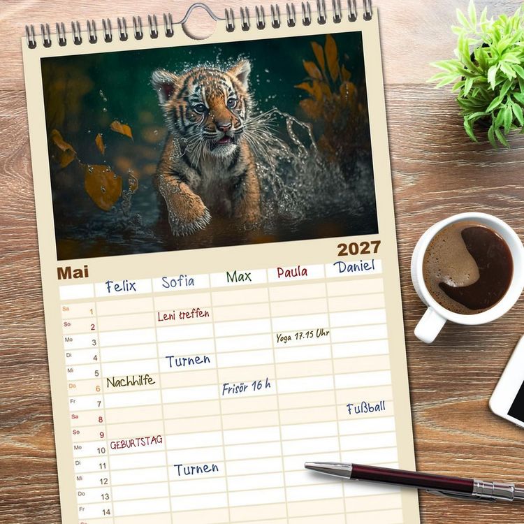 Produktbild: Familienplaner 2027 - Tierkinder beim Baden mit 5 Spalten (Wandkalender, 21 x 45 cm) CALVENDO
