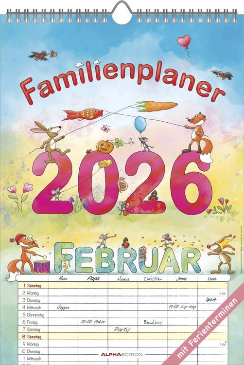 Produktbild: Familienplaner Cartoon 2026- Bildkalender 23,7x34 cm - 6 Spalten - Kalender mit Platz für Notizen - mit vielen Zusatzinformationen - Wandkalender