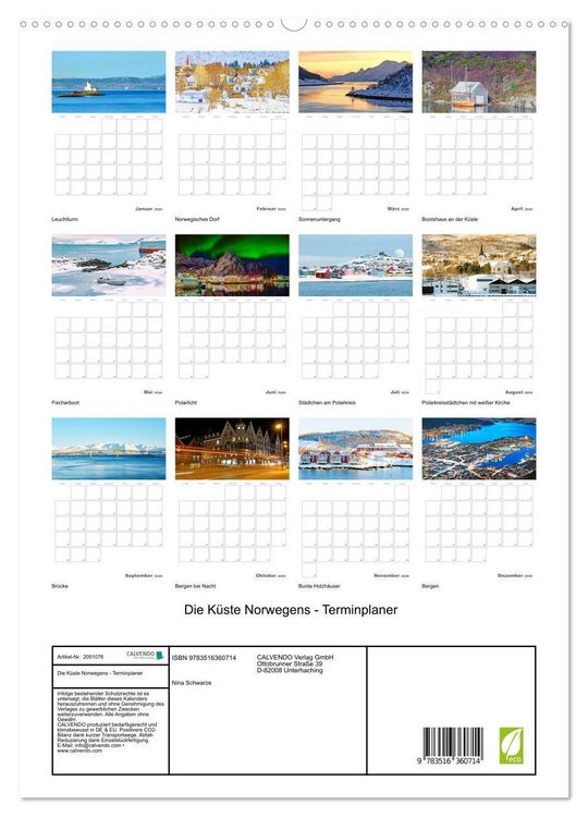 Produktbild: Die K&uuml;ste Norwegens - Terminplaner (Wandkalender 2026 DIN A2 hoch), CALVENDO Monatskalender