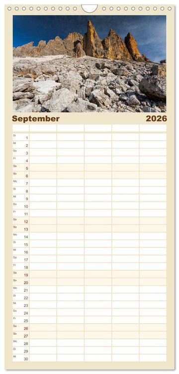 Produktbild: Familienplaner 2026 - Drei Zinnen. Sextner Dolomiten mit 5 Spalten (Wandkalender, 21 x 45 cm) CALVENDO