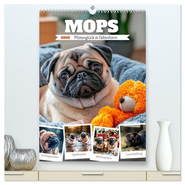 Produktbild: MOPS Pfotengl&uuml;ck in Faltenform (hochwertiger Premium Wandkalender 2026 DIN A2 hoch), Kunstdruck in Hochglanz