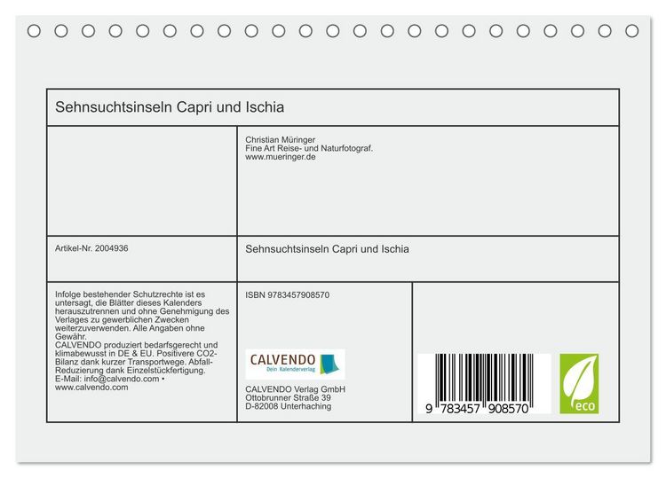Produktbild: Sehnsuchtsinseln Capri und Ischia (Tischkalender 2026 DIN A5 quer), CALVENDO Monatskalender