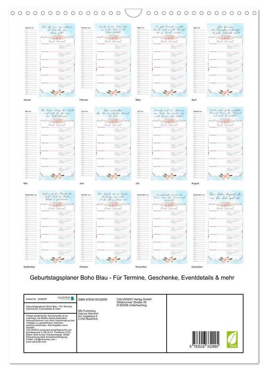 Produktbild: Geburtstagsplaner Boho Blau - F&uuml;r Termine, Geschenke, Eventdetails & mehr (Wandkalender 2026 DIN A3 hoch), CALVENDO Monatskalender
