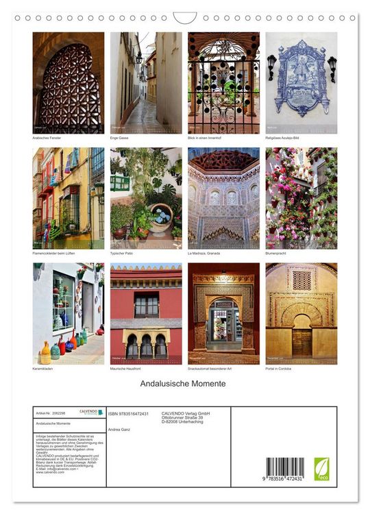 Produktbild: Andalusische Momente (Wandkalender 2026 DIN A3 hoch), CALVENDO Monatskalender