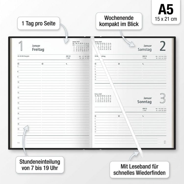 Produktbild: Buchkalender 1T/1S 336S schwarz 2027