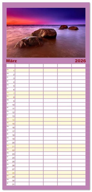 Produktbild: Familienplaner 2026 - Ostseesteine mit 5 Spalten (Wandkalender, 21 x 45 cm) CALVENDO
