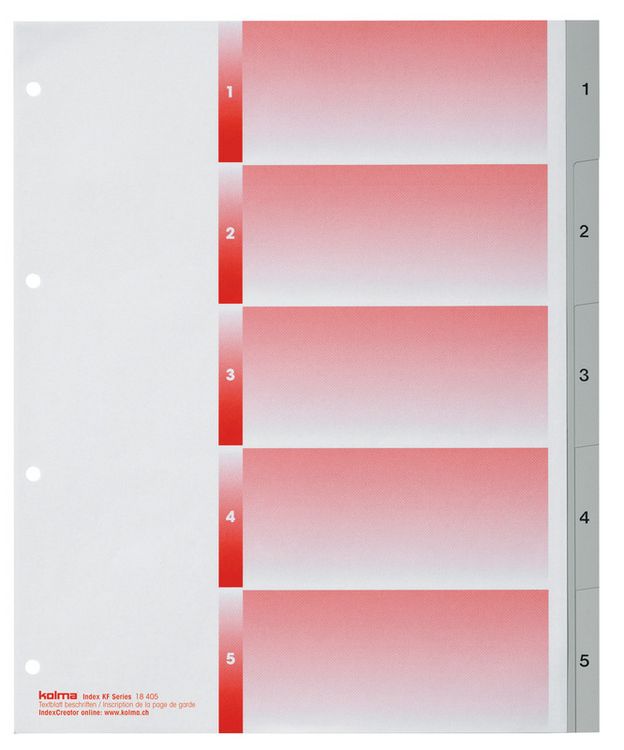 Produktbild: KOLMA&reg; Register KolmaFlex XL Vollformat &uuml;berbreit grau, mit Indexblatt, A4 1-5 5teilig 4 Loch
