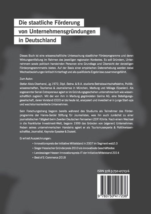 Produktbild: Die staatliche F&ouml;rderung von Unternehmensgr&uuml;ndungen in Deutschland