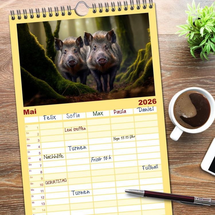 Produktbild: Familienplaner 2026 - Putzige Tierwelt - gemeinsam die Welt entdecken mit 5 Spalten (Wandkalender, 21 x 45 cm) CALVENDO