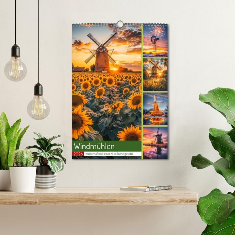 Produktbild: Windm&uuml;hlen - Zauberhaft mit einer KI in Szene gesetzt (Wandkalender 2026 DIN A3 hoch), CALVENDO Monatskalender