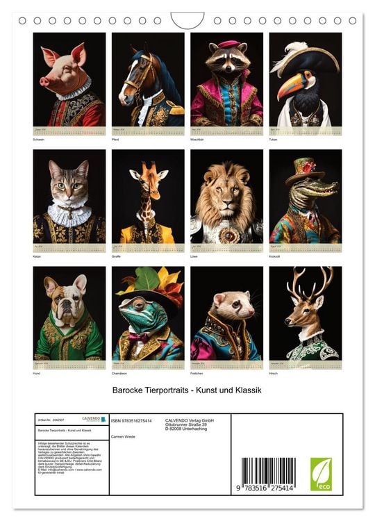 Produktbild: Barocke Tierportraits - Kunst und Klassik (Wandkalender 2026 DIN A4 hoch), CALVENDO Monatskalender