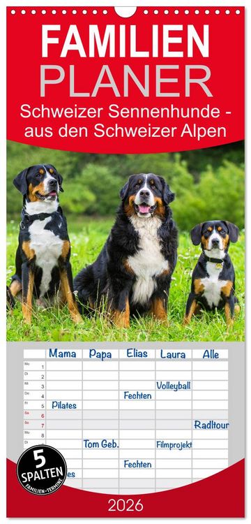 Produktbild: Familienplaner 2026 - Schweizer Sennenhunde - aus den Schweizer Alpen mit 5 Spalten (Wandkalender, 21 x 45 cm) CALVENDO