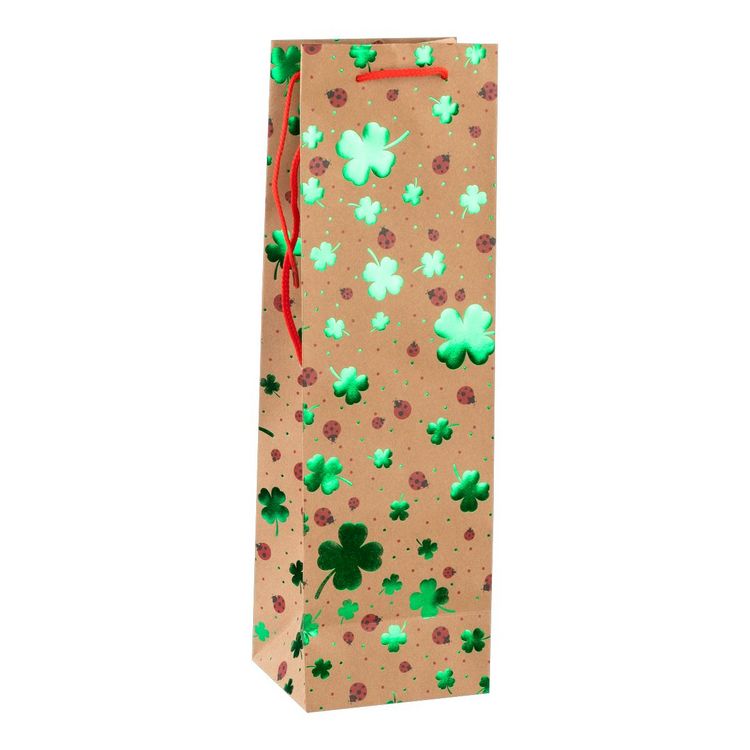 Produktbild: Idena Flaschentasche Kleeblatt & Marienk&auml;fer Kraftpapier 12x39x10cm 140g/m&sup2; Hei&szlig;pr&auml;gung