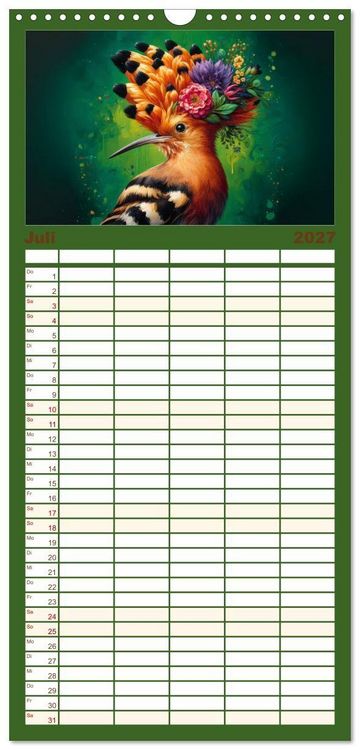 Produktbild: Familienplaner 2027 - Blumige Vogelportr&auml;ts mit 5 Spalten (Wandkalender, 21 x 45 cm) CALVENDO