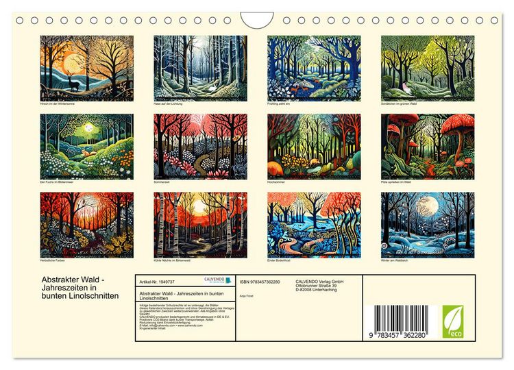 Produktbild: Abstrakter Wald - Jahreszeiten in bunten Linolschnitten (Wandkalender 2026 DIN A4 quer), CALVENDO Monatskalender