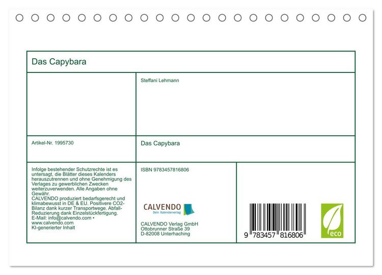 Produktbild: Das Capybara (Tischkalender 2026 DIN A5 quer), CALVENDO Monatskalender