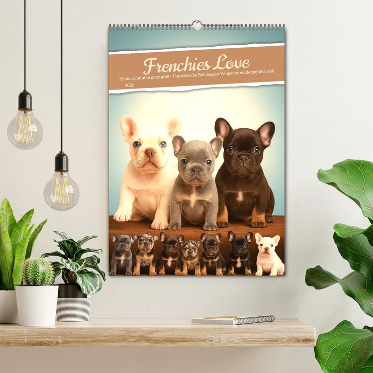 Produktbild: Frenchies Love &ndash; Kleine Schnuten ganz gro&szlig; - Franz&ouml;sische Bulldoggen Welpen unwiderstehlich s&uuml;&szlig; (Wandkalender 2026 DIN A2 hoch), CALVENDO Monatskalender