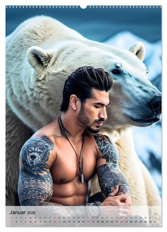 Produktbild: Verwegene Kerle - Muskeln, Tattoos und wilde Tiere (Wandkalender 2026 DIN A2 hoch), CALVENDO Monatskalender