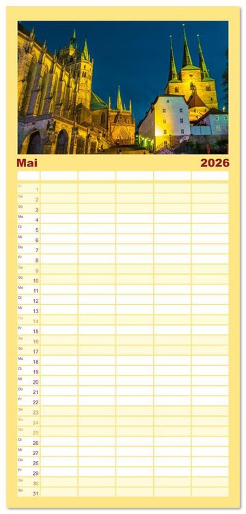 Produktbild: Familienplaner 2026 - Romantisches Erfurt - Reise durch das sch&ouml;ne Th&uuml;ringen mit 5 Spalten (Wandkalender, 21 x 45 cm) CALVENDO