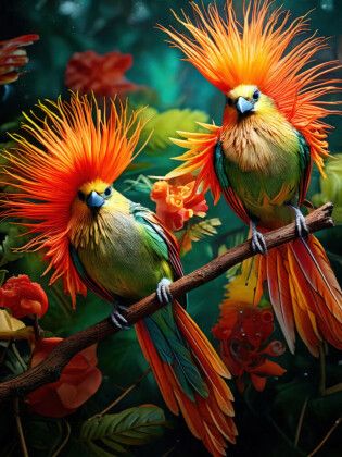 Produktbild: CALVENDO Puzzle Zwei Paradiesv&ouml;gel mit bunten leuchtenden Gefieder sitzen zwischen zarten Blumen | 1000 Teile Lege-Gr&ouml;&szlig;e 64x48cm Foto-Puzzle f&uuml;r gl&uuml;ckliche Stunden