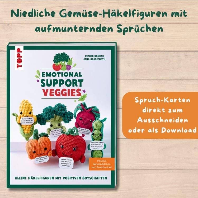 Produktbild: Emotional Support Veggies. Kleine H&auml;kelfiguren mit positiven Botschaften