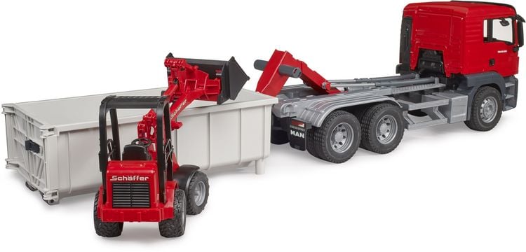 Produktbild: Bruder LKW Modell MAN TGS mit Abrollcontainer + Sch&auml;ffer Hoflader Fertigmodell