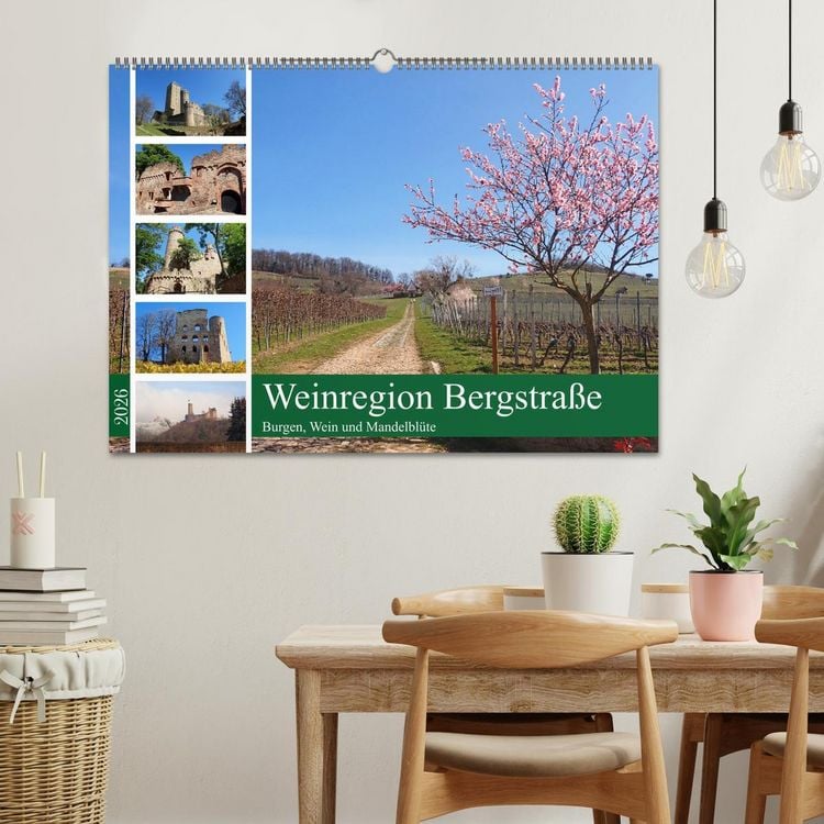 Produktbild: Weinregion Bergstra&szlig;e Burgen, Wein und Mandelbl&uuml;te (Wandkalender 2026 DIN A2 quer), CALVENDO Monatskalender