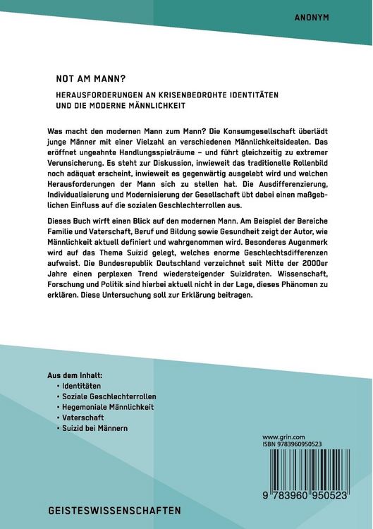 Produktbild: Not am Mann? Herausforderungen an krisenbedrohte Identit&auml;ten und die moderne M&auml;nnlichkeit