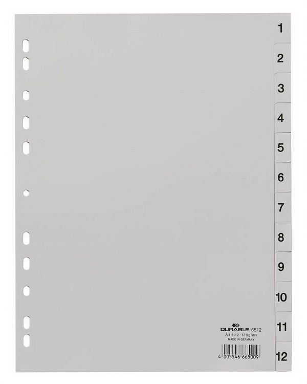 Produktbild: Durable 6512 Register DIN A4 1-12 Kunststoff Grau 12 Registerblätter geprägte Taben 651210